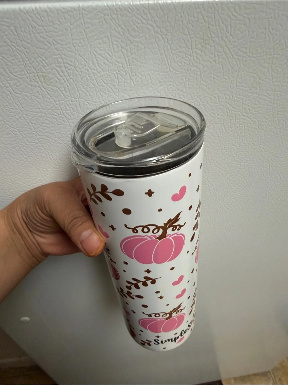 Pink Leopard Pumpkin Skinny Tumbler - White Background